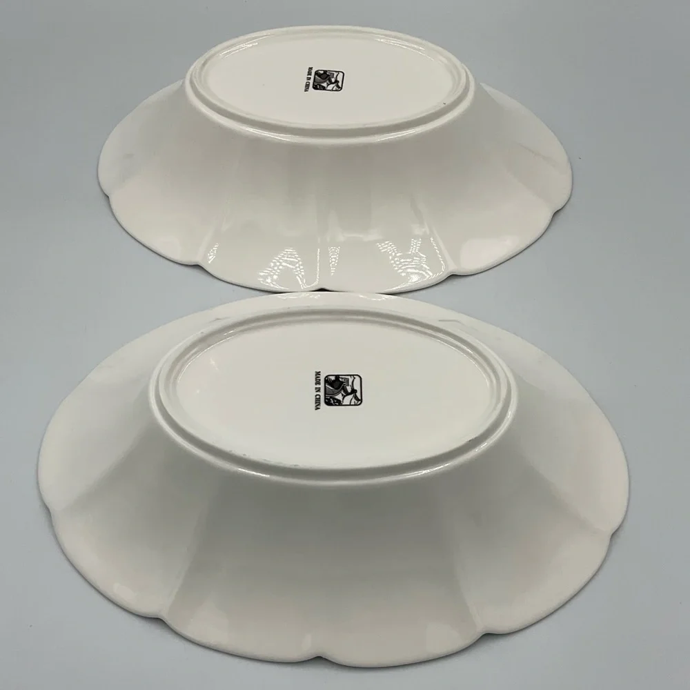 2 Oblong White Scalloped Ceramic Serving Bowls